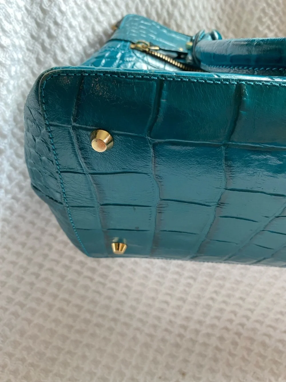 Modalu Teal Leather Croc-Embossed Satchel with Gold Hardware